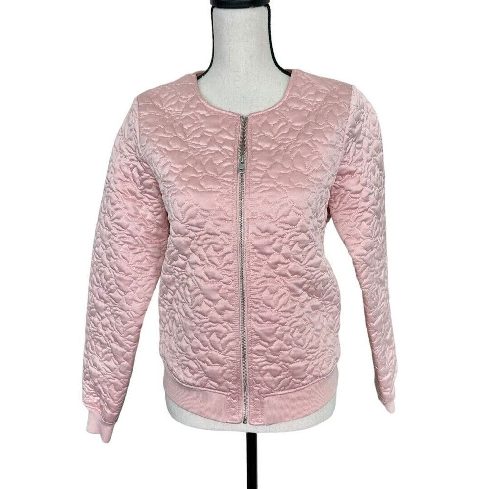 Guess Womens Kinley Bomber Jacket Pink Satin Quilted Zip Crewneck XS